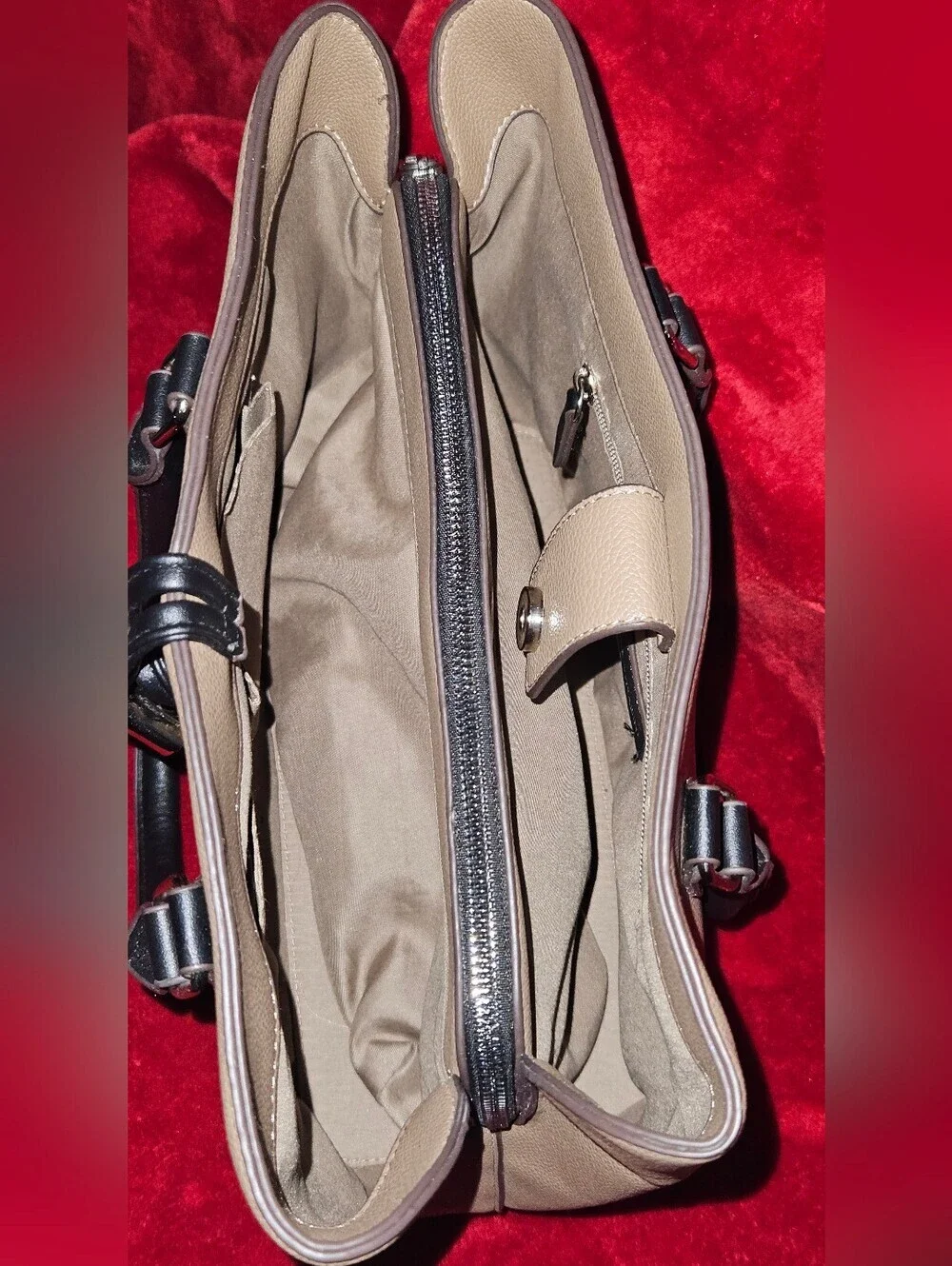 Andrienne Vittadini Timeless Treasures Collection Taupe & Black Satchel Handbag